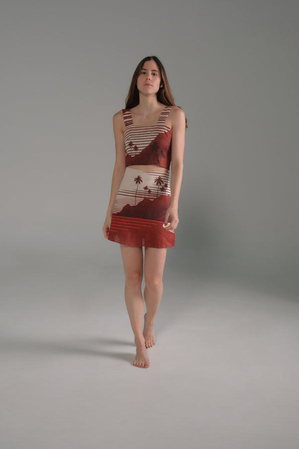 Carmelita Linen Mini Skirt / Red Tropical Landscape
